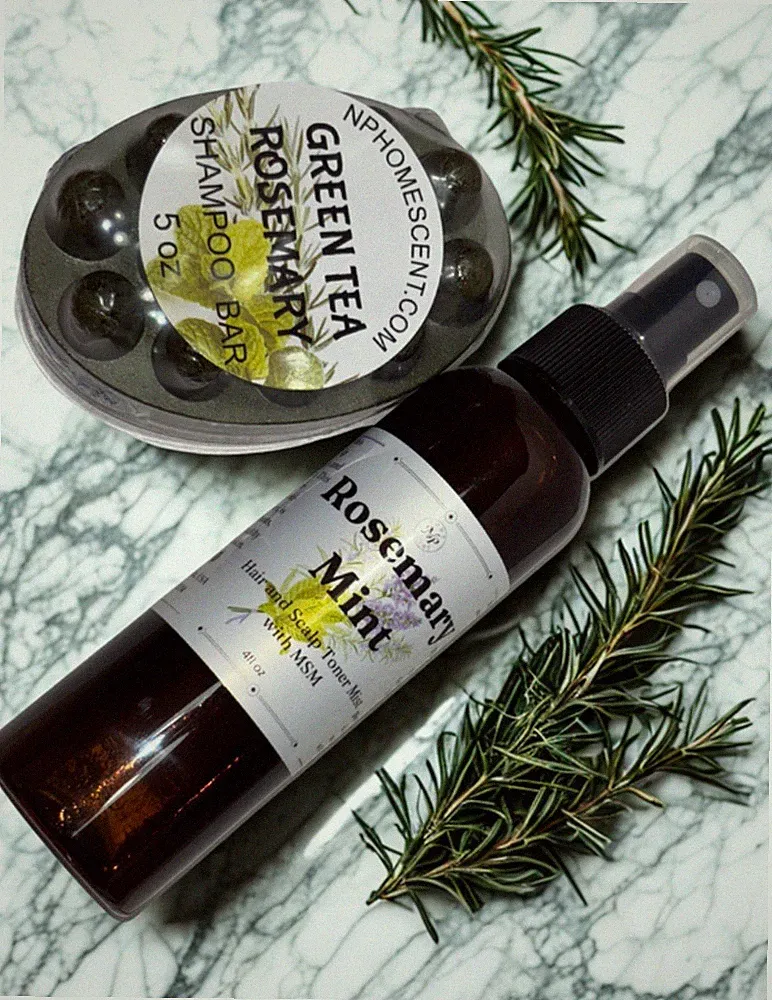 Rosemary-Mint Hair and Scalp Mist And Green Tea-Rosemary Shampoo Bar Set.